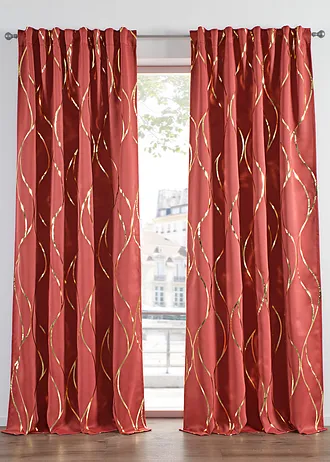 Verduisterend gordijn met glanzende print (1 stuk), Kleur: marsala/goudkleur