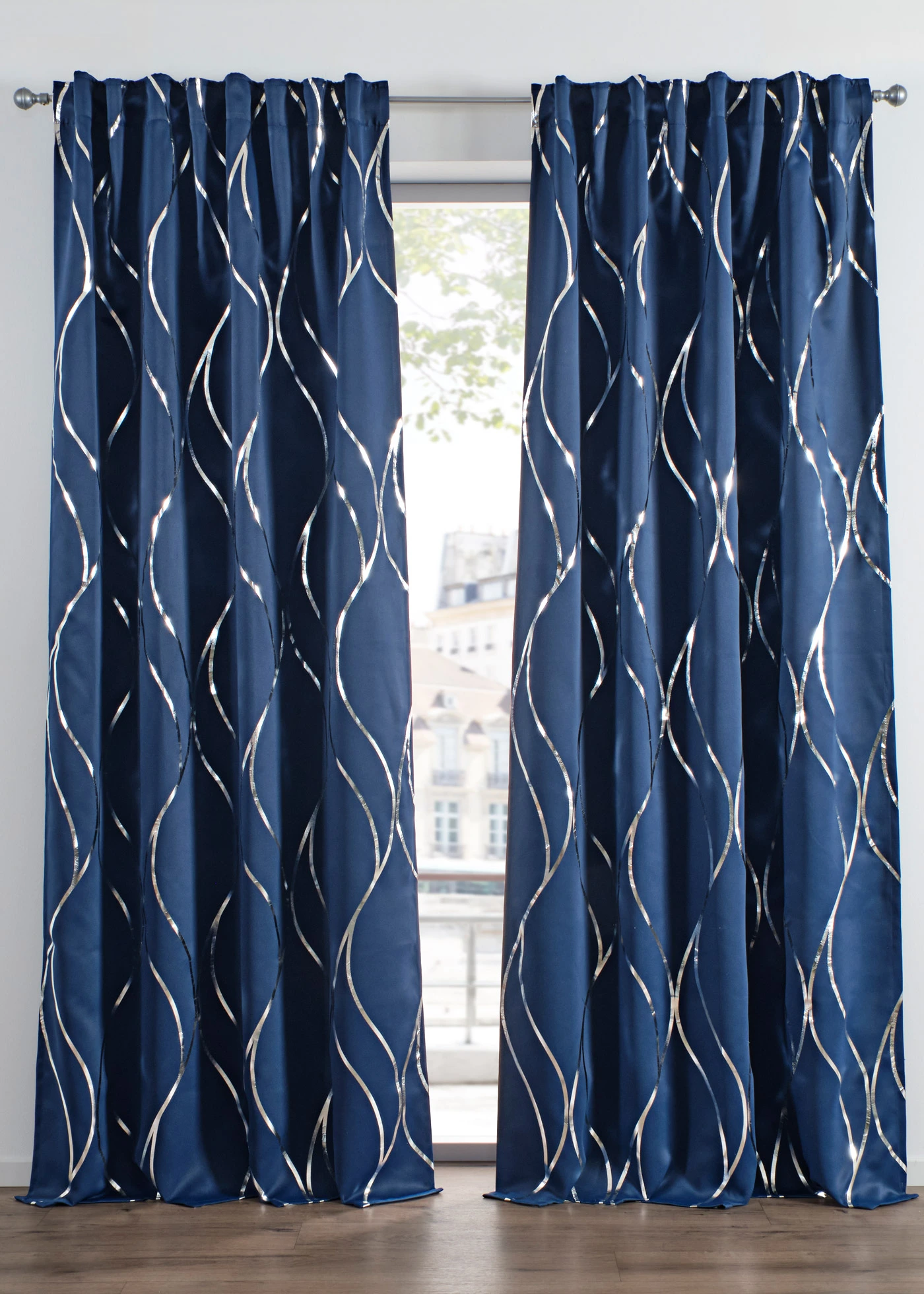 Verduisterend gordijn met glanzende print (1 stuk) • donkerblauw-zilverkleur • bonprix online shop