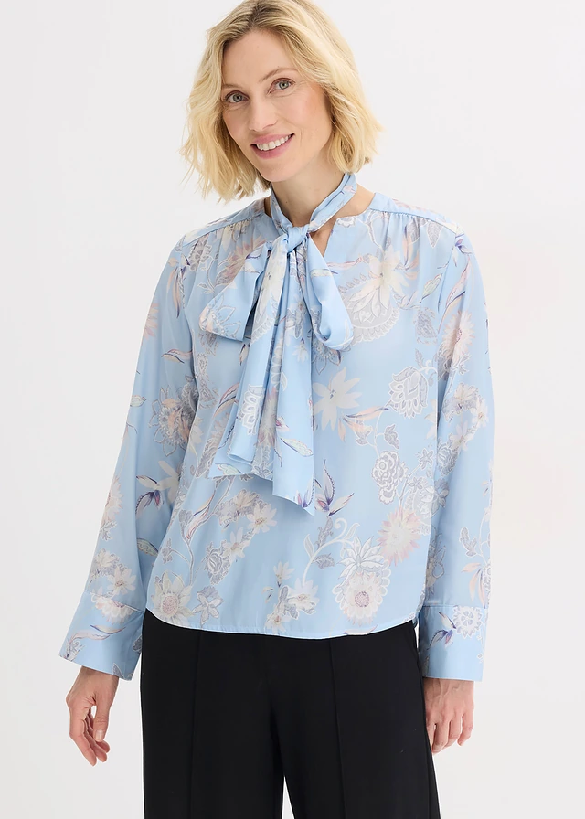 Tunique en satin fin, Couleur: bleu poudré-sable clair floral