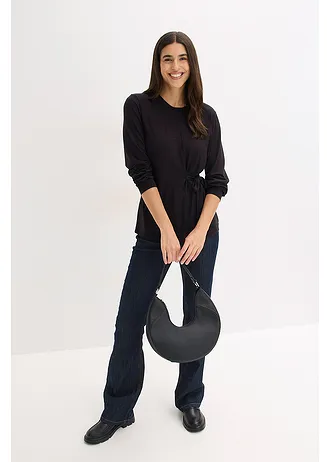 T-shirt manches longues en viscose douce et extensible, Couleur: noir