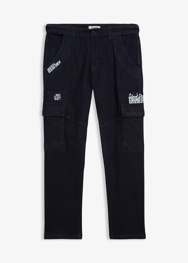 Relaxed fit stretch jeans met comfortband, straight, Kleur: donkerblauw denim