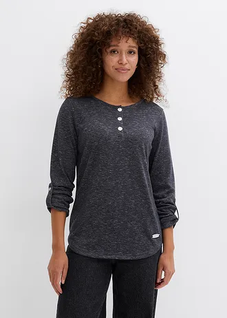 Longsleeve met knoopsluiting van katoenmix, Kleur: antraciet gemêleerd