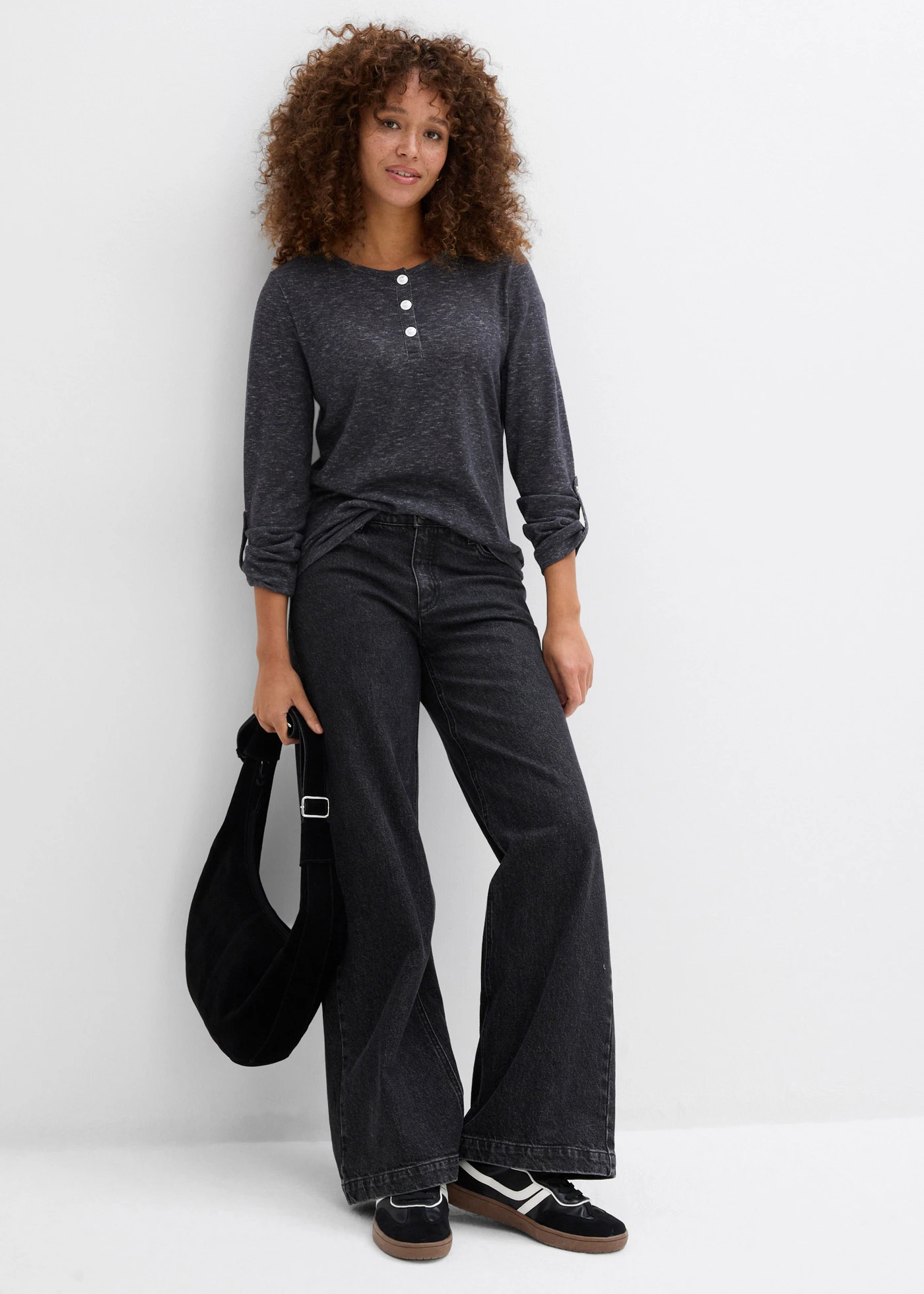 Longsleeve van katoenmix met knoopsluiting • antraciet gemêleerd • bonprix online shop