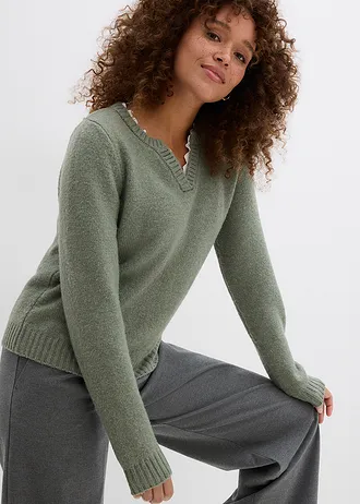 Sweter z koronkową wstawką • oliwkowy • sklep bonprix