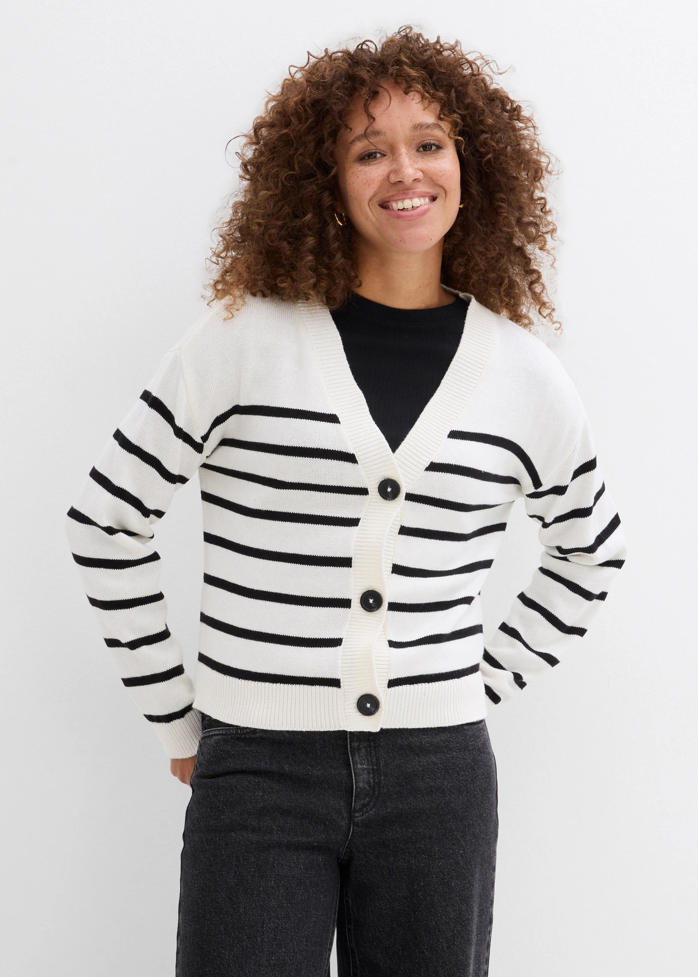 Fijn gebreid vest van katoenmix • wolwit-zwart • bonprix online shop