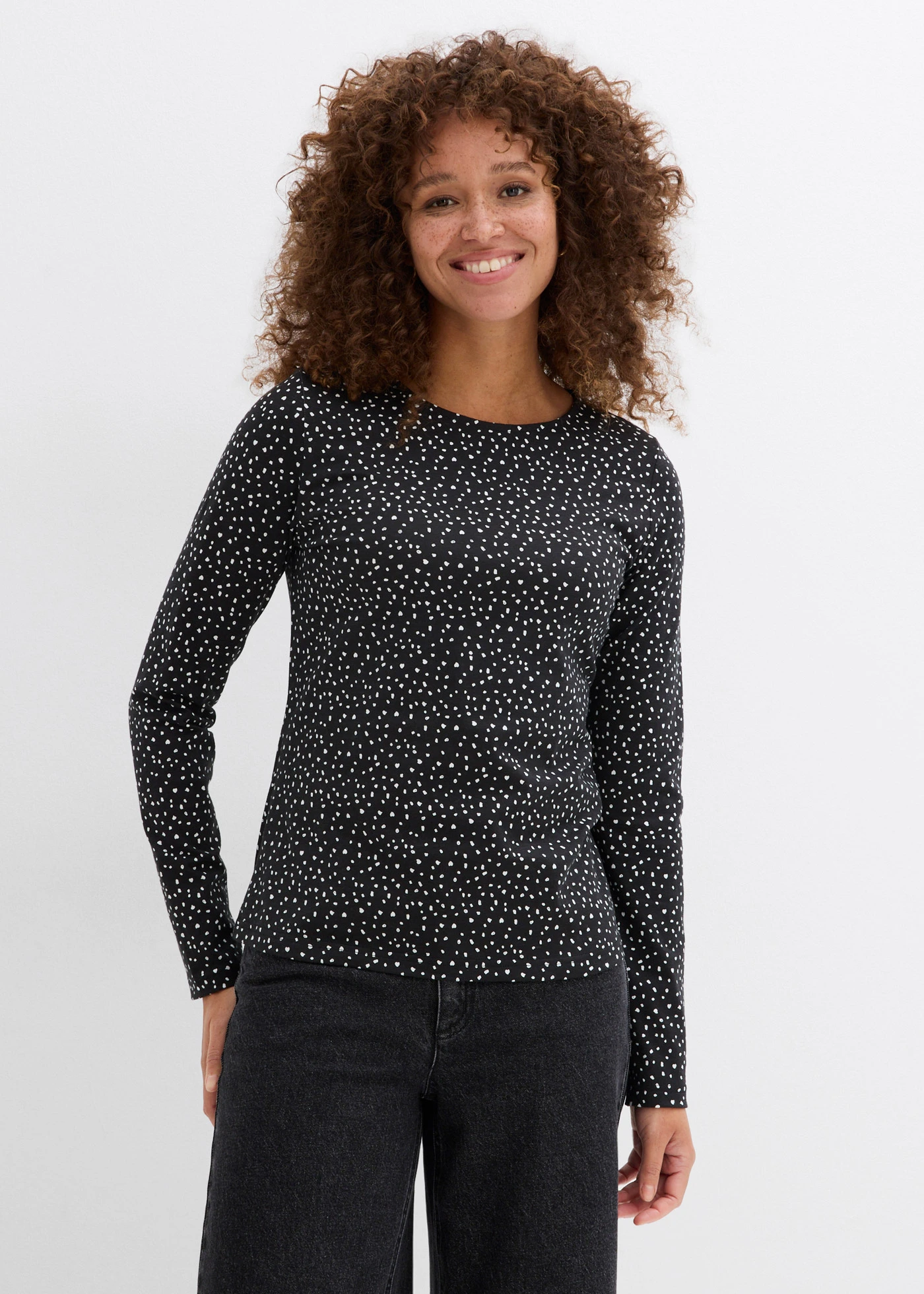 Bluză cu mâneci lungi din mix de bumbac și elastan (set/2 buc.) • negru/ecru • magazin bonprix