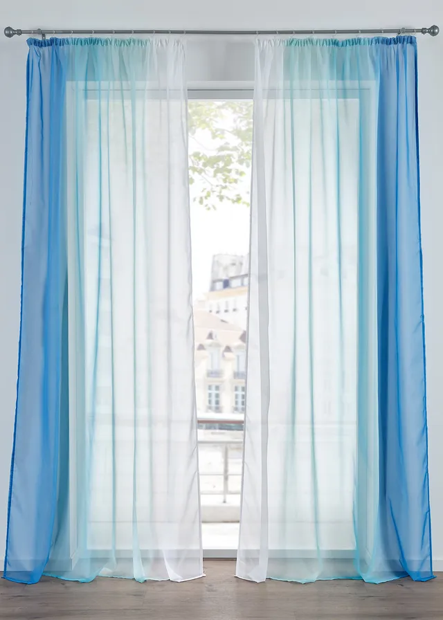 Gordijn van lichte voile, ook verkrijgbaar in extra lang (2 stuks), Kleur: blauw