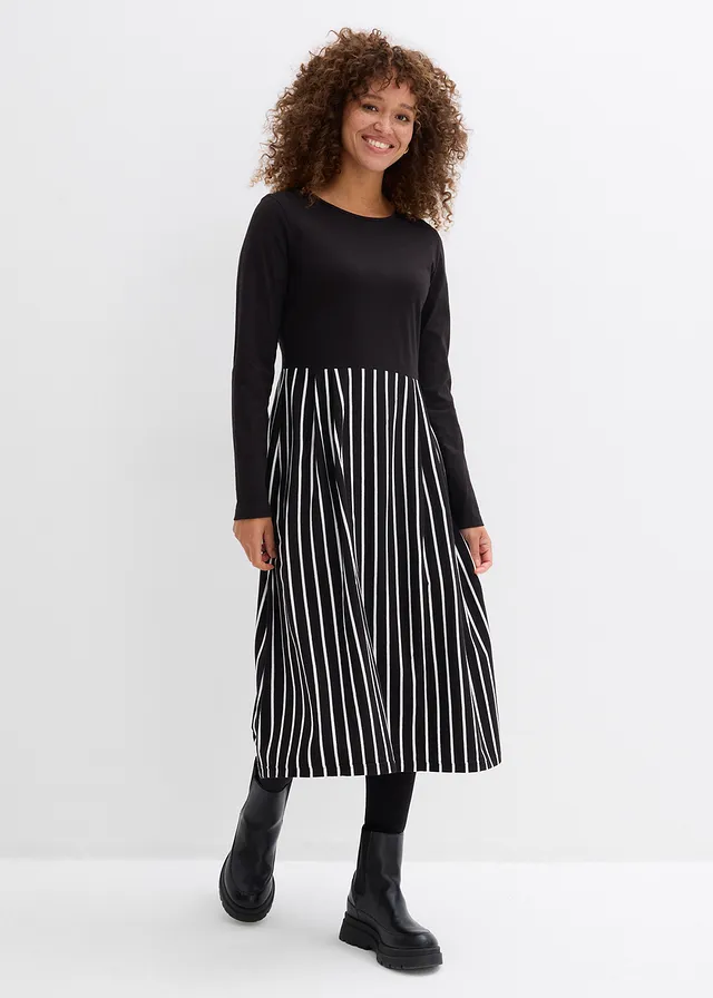 Rochie midi din jerse din bumbac • negru-ecru cu dungi • magazin bonprix