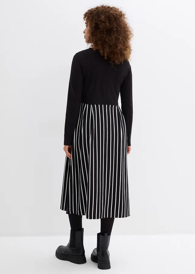 Rochie midi din jerse din bumbac • negru-ecru cu dungi • magazin bonprix