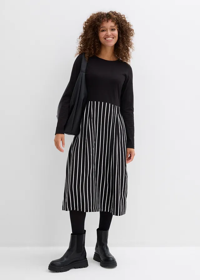 Rochie midi din jerse din bumbac • negru-ecru cu dungi • magazin bonprix