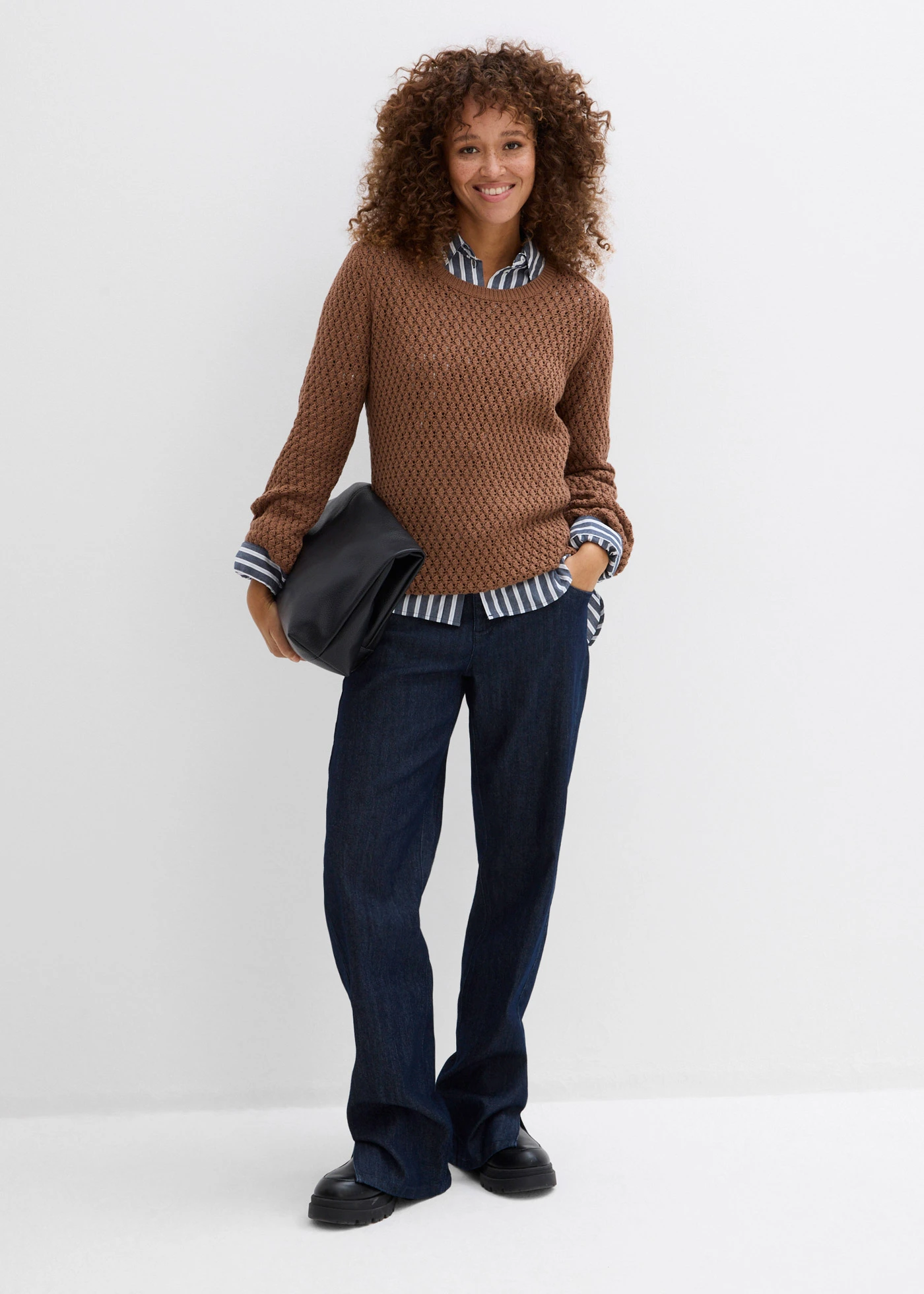 Pulover cu tricot texturat, din material cu bumbac • maro castaniu • magazin bonprix