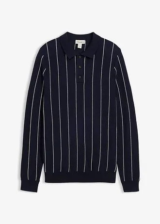 Fijngebreide trui met polokraag, Kleur: donkerblauw-parelwit verticaal gestreept