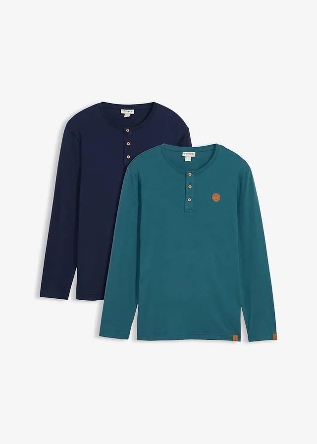 Lot de 2 T-shirts manches longues col tunisien 100% coton