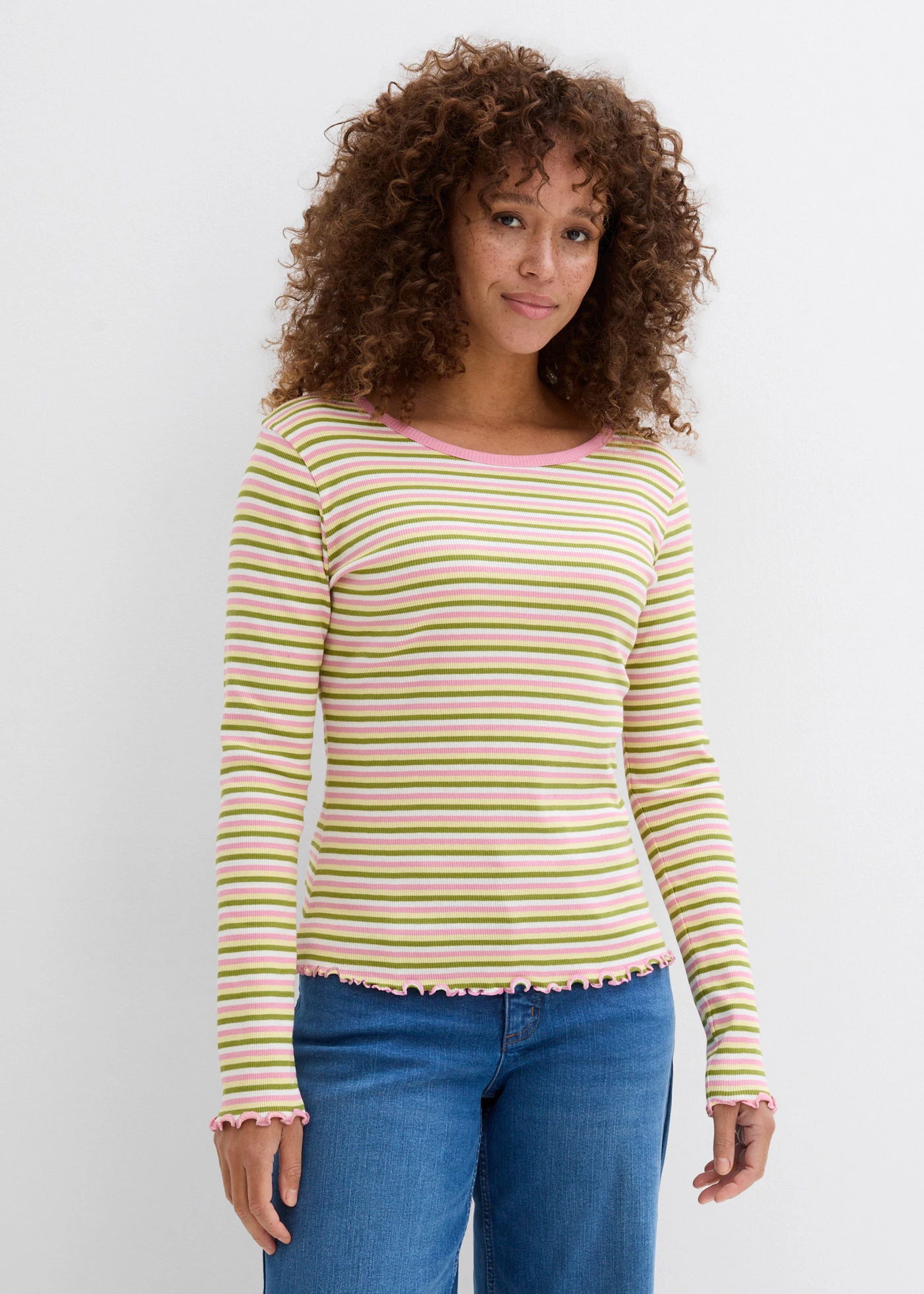 Prążkowana bluzka z bawełny organicznej • biel wełny/zieleń mchu/jasnożółty/dymna orchidea w paski • sklep bonprix