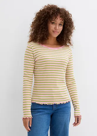 T-shirt rayé en coton côtelé • écru-vert mousse-jaune clair-orchidée fumé rayé • Boutique bonprix