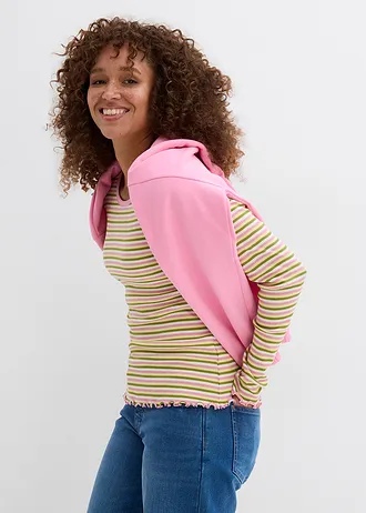 Prążkowana bluzka z bawełny organicznej • biel wełny/zieleń mchu/jasnożółty/dymna orchidea w paski • sklep bonprix