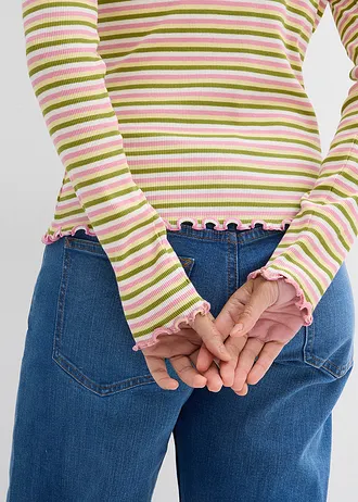 Prążkowana bluzka z bawełny organicznej • biel wełny/zieleń mchu/jasnożółty/dymna orchidea w paski • sklep bonprix