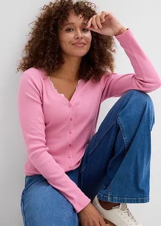 Bluză tricot 2 în 1 din bumbac 100% • violet-orhidee fumuriu-alb • magazin bonprix