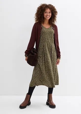 Midi jurk van katoen-jersey • donkerolijfgroen/lichtsand • bonprix online shop
