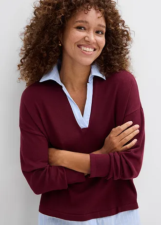 Sweter z cienkiej dzianiny z koszulową wstawką • czerwony klonowy • sklep bonprix