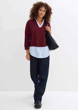 Sweter z cienkiej dzianiny z koszulową wstawką • czerwony klonowy • sklep bonprix