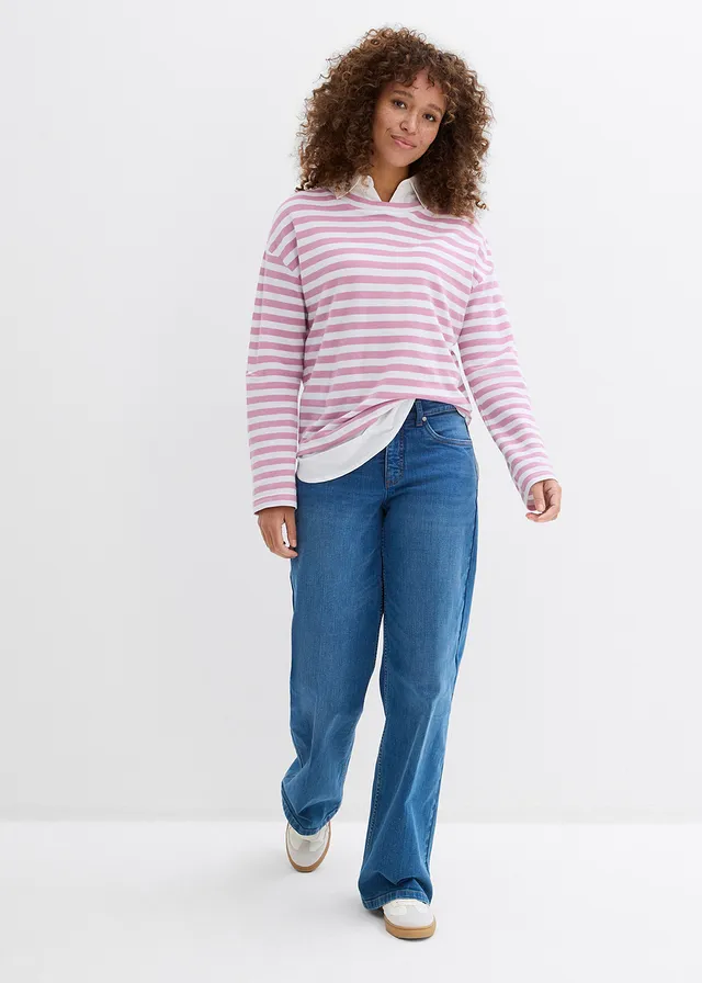 2 in 1 sweater, Kleur: mauve-wit gestreept