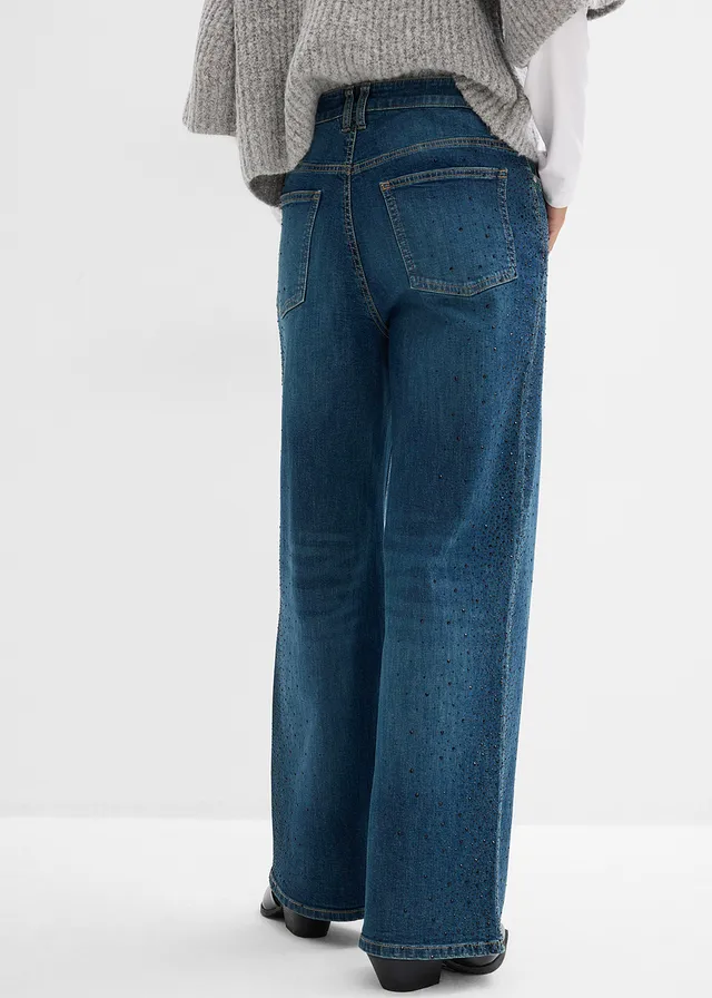 Wide leg jeans, mid waist, met glinsterende steentjes • blauw denim used • product-page.page-title-suffix