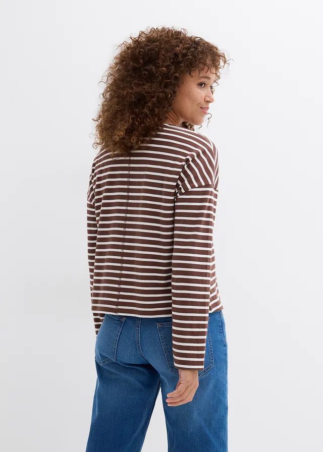 Sweat-shirt, Couleur: blanc nacré-marron rayé