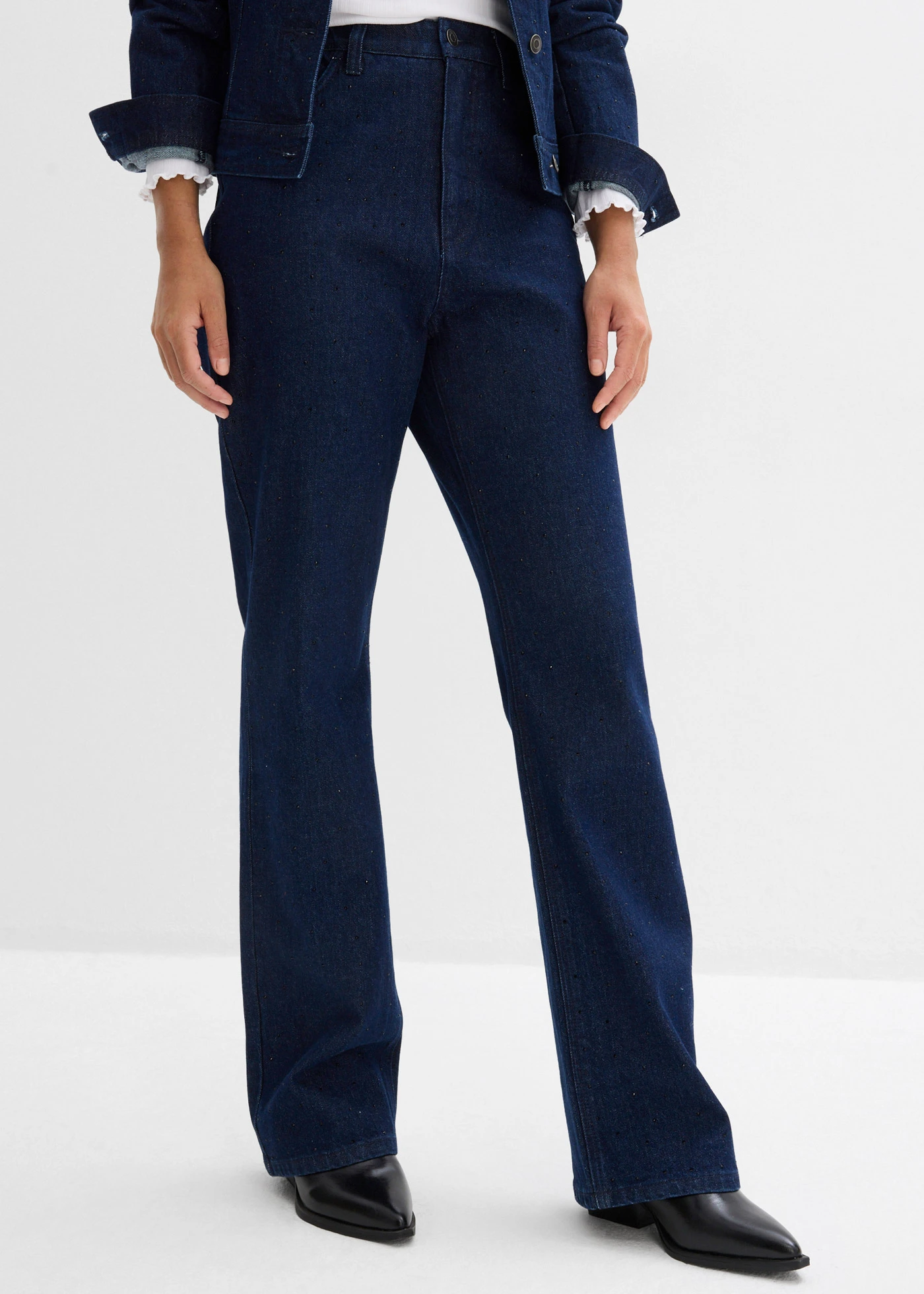 Volné džíny Straight, High Waist, pohodlný pas, se štrasem • sytě modrý denim unwashed • bonprix obchod