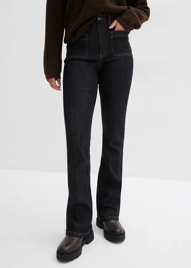 Bootcut-jeans met hoge taille, comfortabele tailleband, Kleur: zwart denim