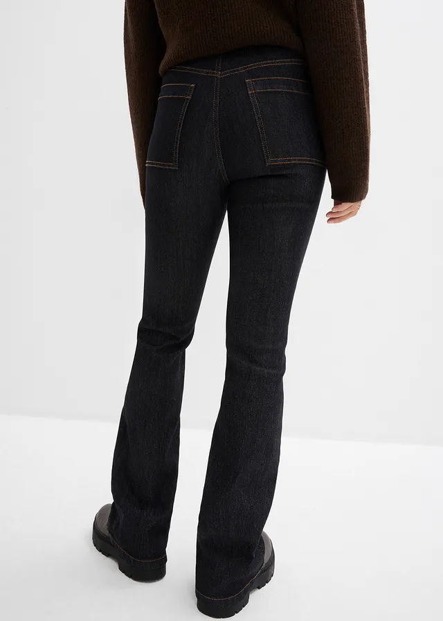 Bootcut-jeans met hoge taille, comfortabele tailleband, Kleur: zwart denim