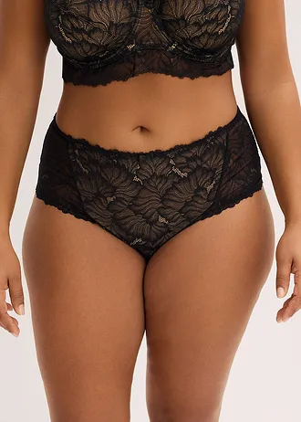 Bokové maxikalhotky z jemné krajky, barva: černo-světle hnědá