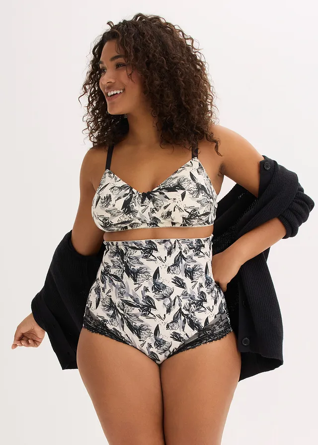 Slip sculptant taille haute avec dentelle, maintien modéré, Couleur: noir-beige naturel floral