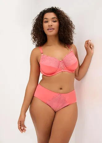 Maxislip met gebloemd glitterborduursel, Kleur: koraalpink