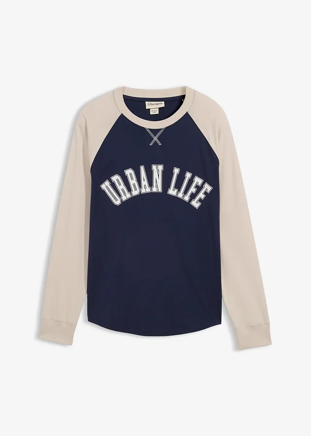 T-shirt manches longues 100% coton • bleu foncé-gris pierre • Boutique bonprix