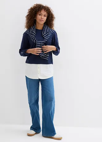 Shirt met blouse-inzet van biologisch katoen • donkerblauw-wolwit • bonprix online shop