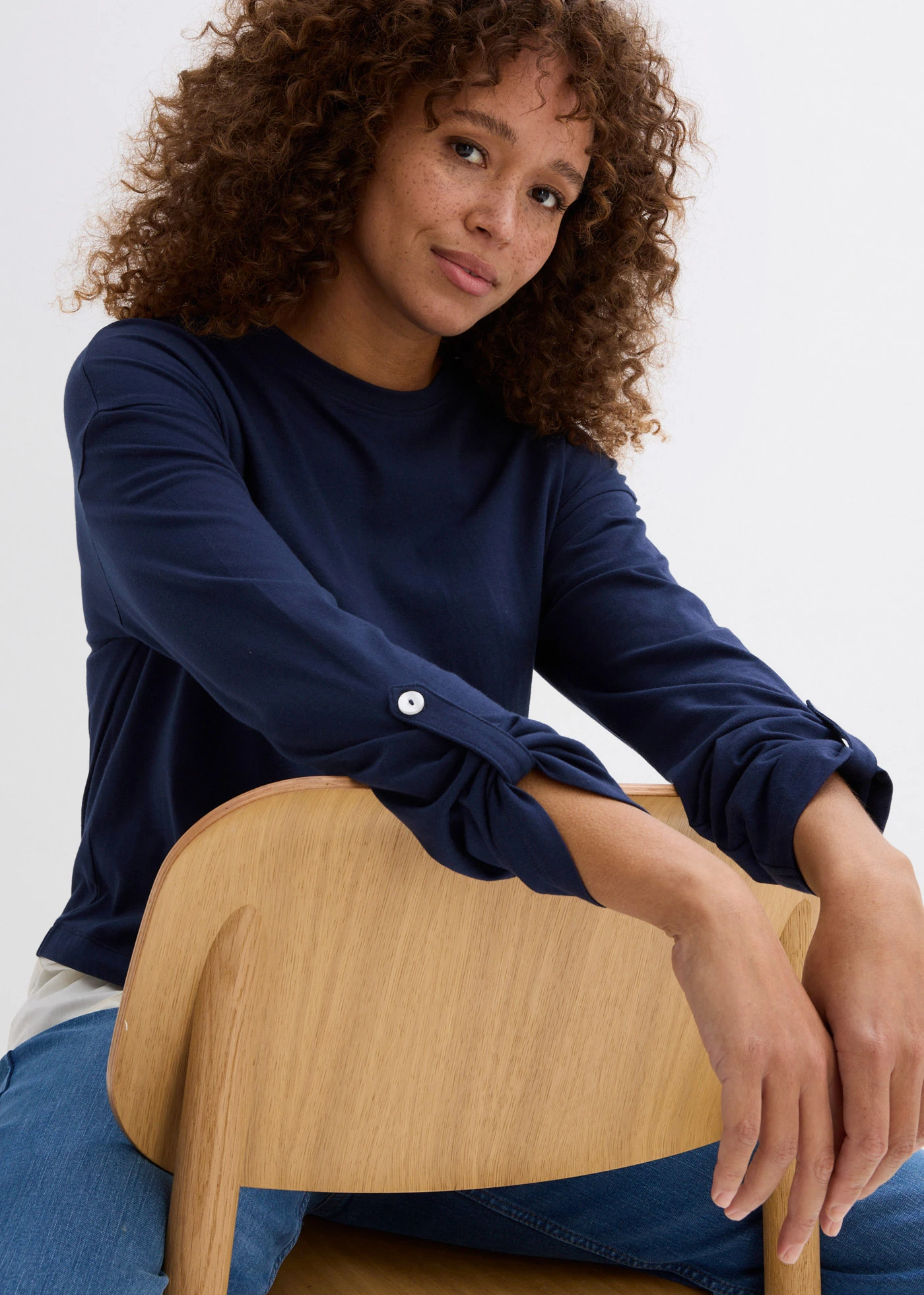 Shirt met blouse-inzet van biologisch katoen • donkerblauw-wolwit • bonprix online shop