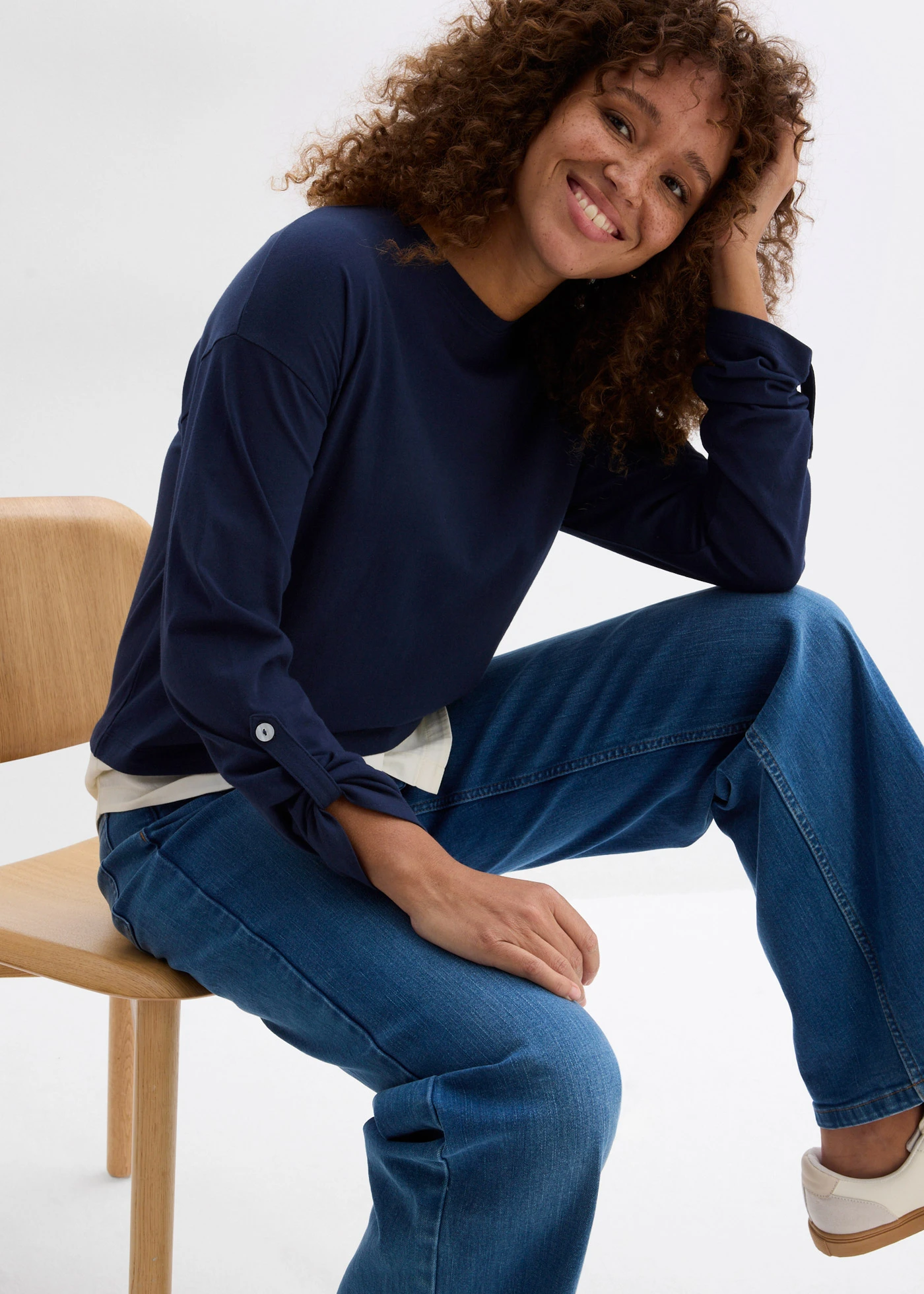 Shirt met blouse-inzet van biologisch katoen • donkerblauw-wolwit • bonprix online shop