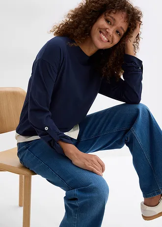 Shirt met blouse-inzet van biologisch katoen • donkerblauw-wolwit • bonprix online shop