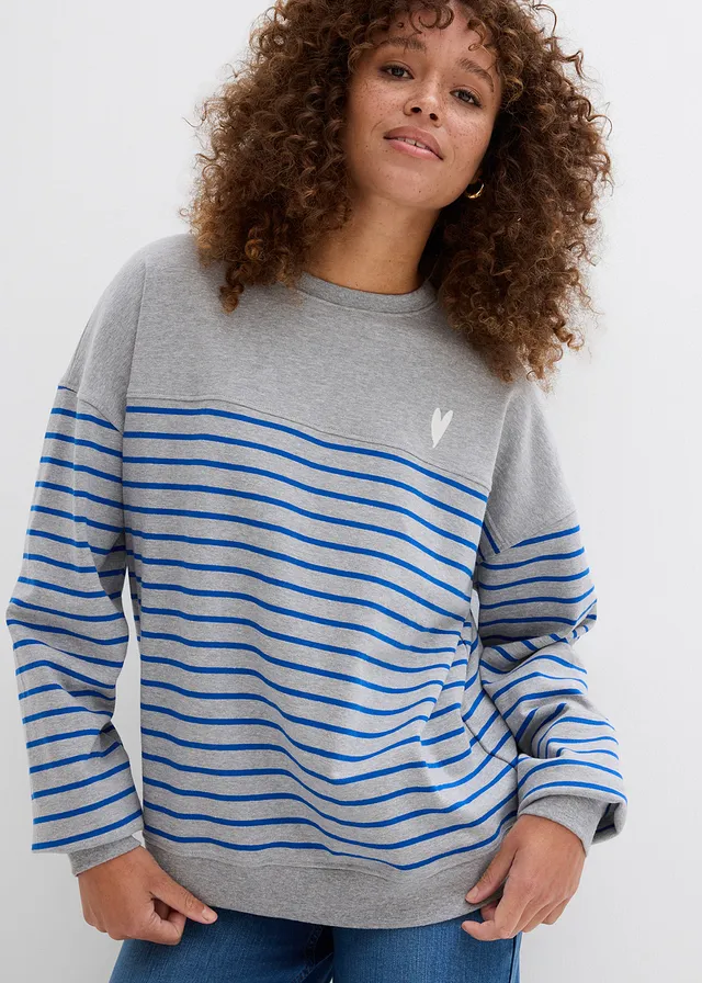 Bluza oversize z mieszanki bawełny • jasnoszary melanż/niebieski arktyczny w paski • sklep bonprix
