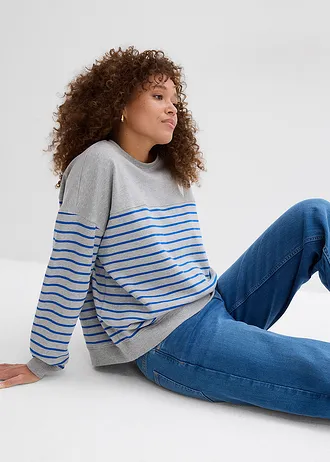 Bluza oversize z mieszanki bawełny • jasnoszary melanż/niebieski arktyczny w paski • sklep bonprix