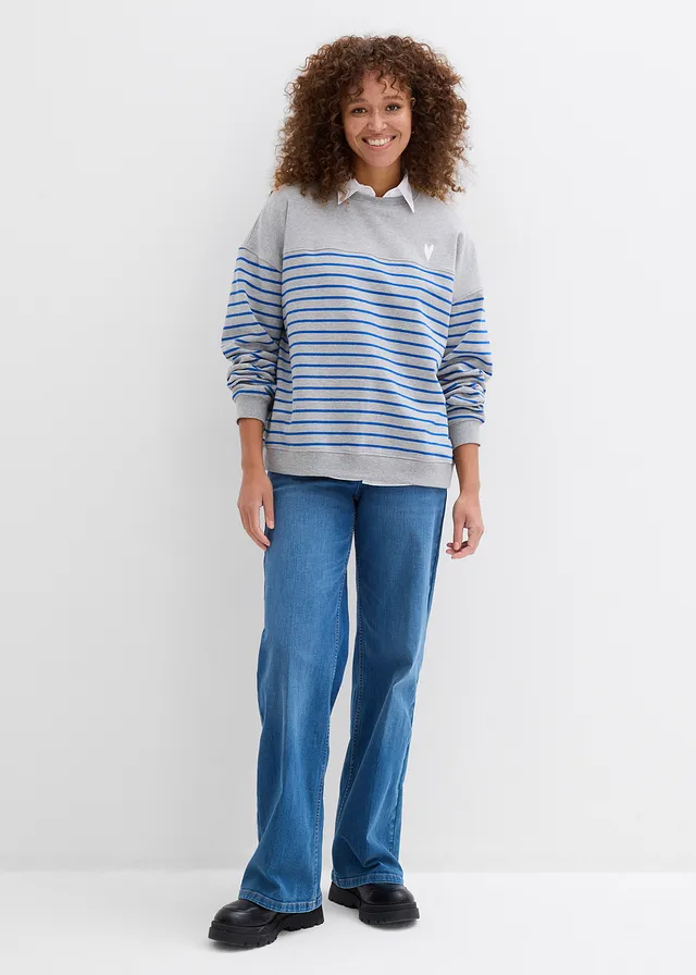 Sweat oversize en coton mélangé, Couleur: gris clair chiné-bleu arctique rayé