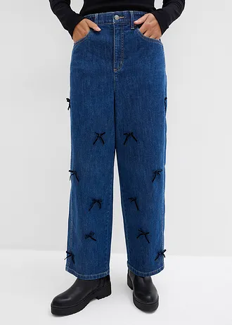 Jean barrel, taille haute et élastiquée, Couleur: bleu denim used