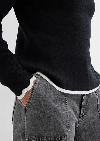 Bluză tricotată cu tiv în contrast • negru/alb • magazin bonprix