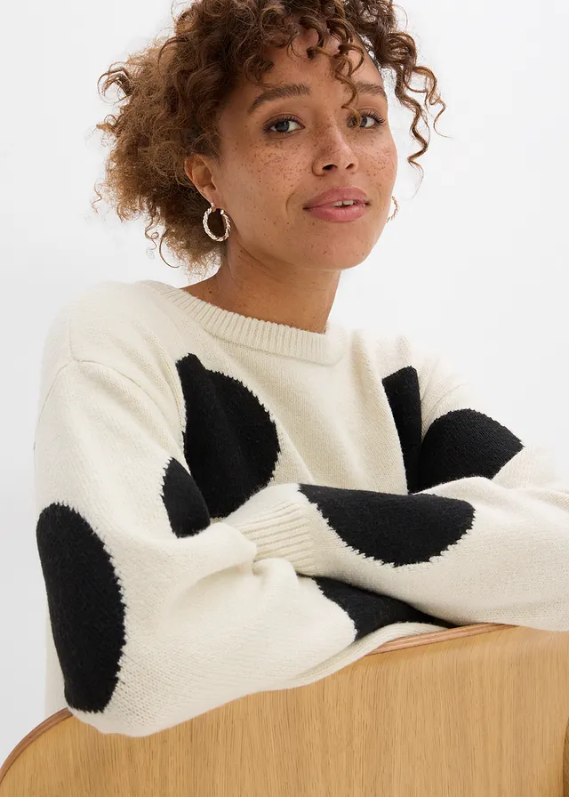 Oversized gebreide jurk met stippen • écru-zwart gestippeld • product-page.page-title-suffix