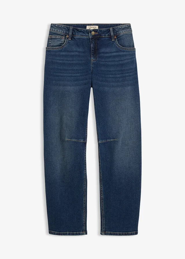 Jean barrel, taille mi-haute, Couleur: bleu foncé denim used