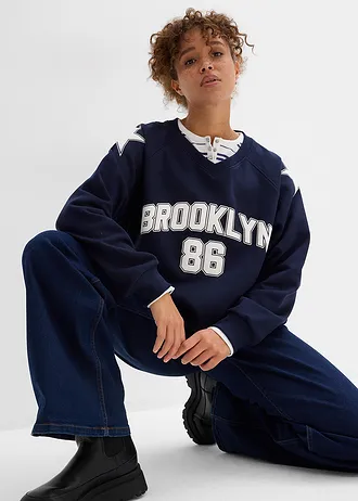 Bluză casual oversize din material moale cu bumbac • bleumarin- alb, cu imprimeu • magazin bonprix