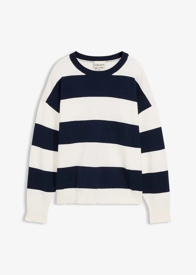 Oversized trui in een zachte viscosemix, Kleur: wolwit-donkerblauw gestreept