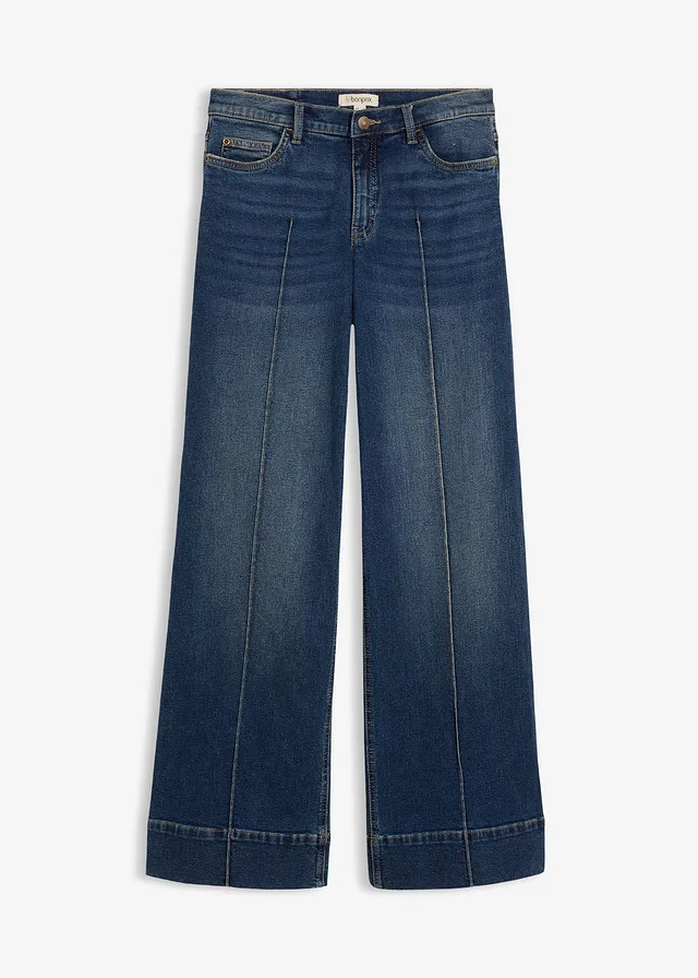 Wide Leg farmer, Mid Waist • sötétkék denim, használt hatású • bonprix áruház