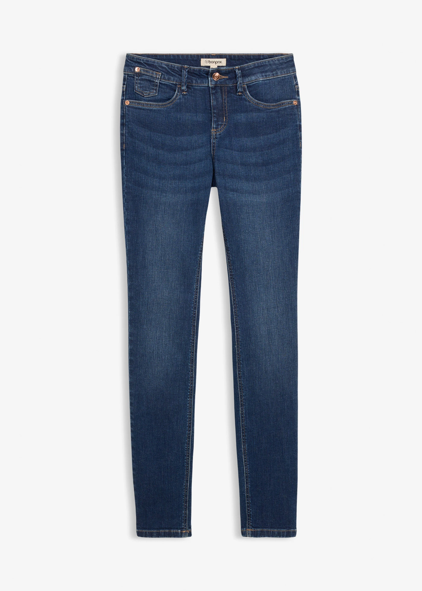 Blugi skinny cu talie medie, bumbac organic • bleumarin denim uzat • magazin bonprix
